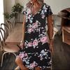 Summer Large Size Women's V-Neck Loose Pullover Casual Fashion Printed Short Sleeve Dress