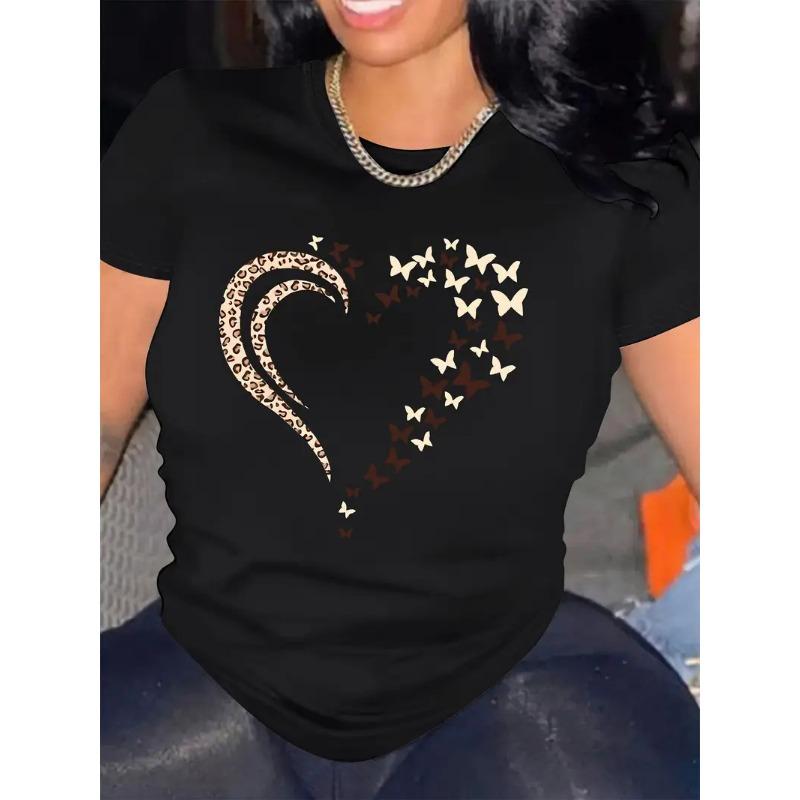 Summer Round Neck 3D Love Print Top Fashionable Casual Short Sleeved Women's T-shirts