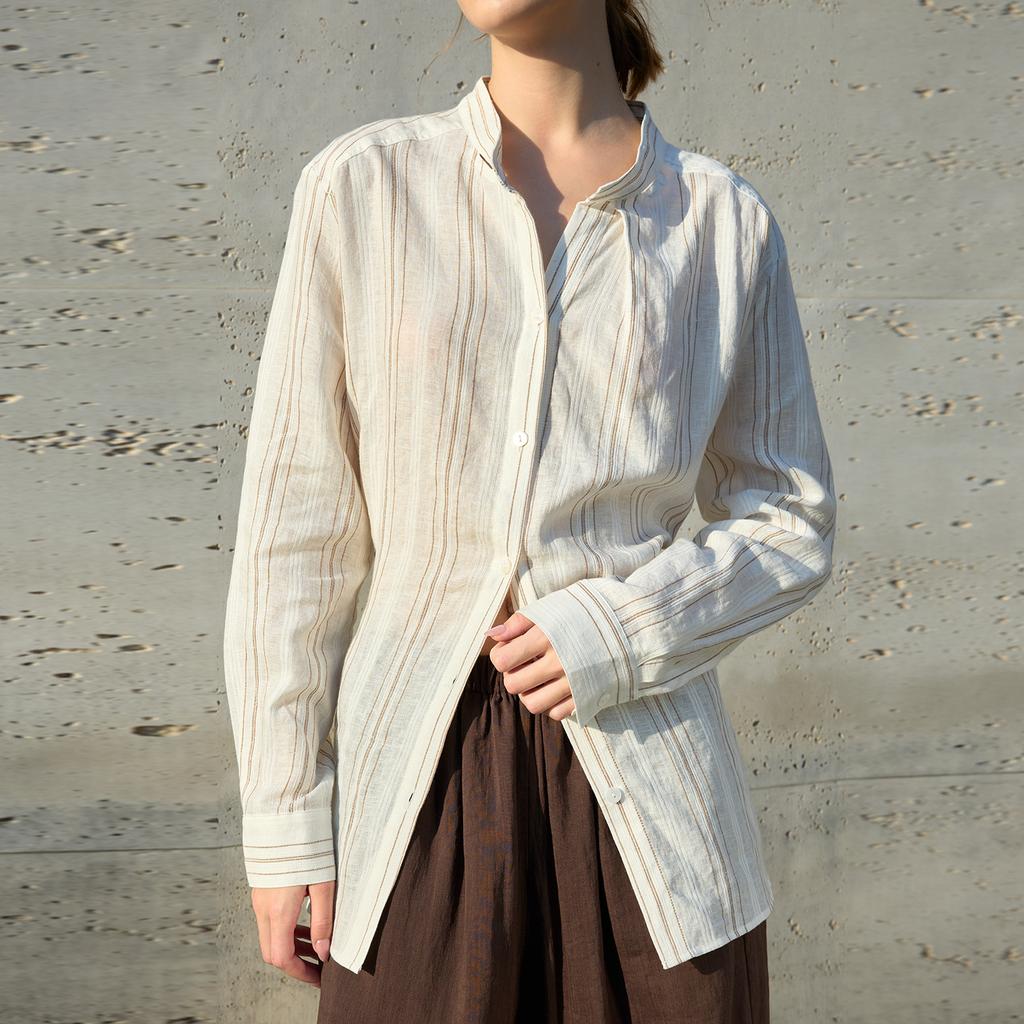 Old money wind striped shirt original design sense tie decorative cotton and linen top spring stand-up collar casual long-sleeved shirt