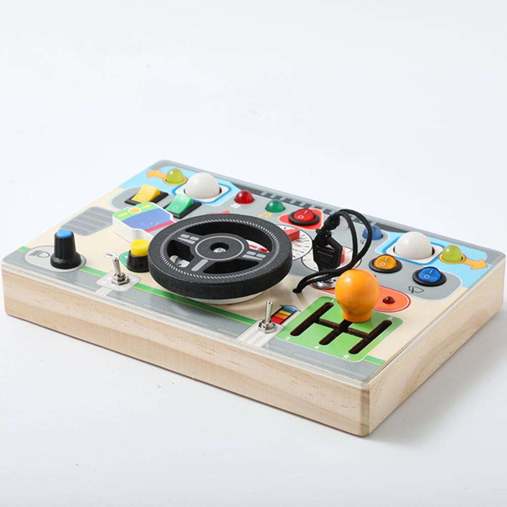 Montessori Busy Board Sensory Toys Wooden Steering Wheel Switch Control Board for Children Travel Activities Games Gifts Toy