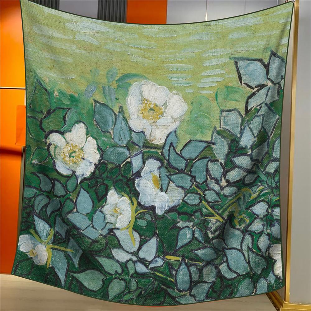 POBING Silk Cashmere Scarf Women Hand Rolled Shawls Oil Painting Square Scarves Wraps Lady Bandana Big Hijabs Female Foulards