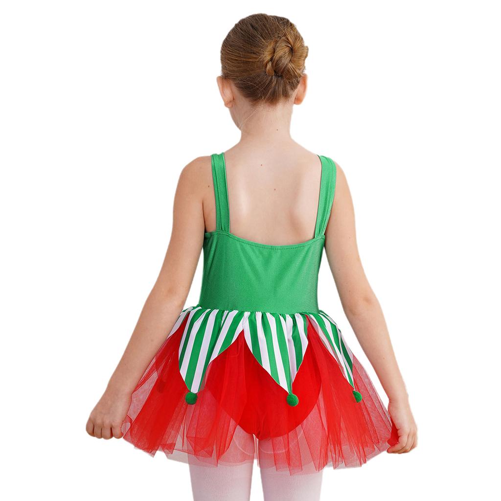 Girls Christmas Jumpsuit Shiny Sleeveless Design Jagged Pompoms Tulle Skirt Costume Cosplay Dance Wear