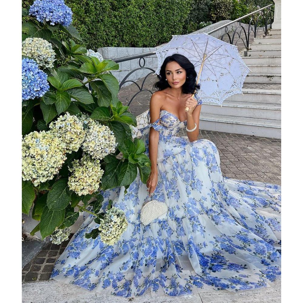 = Spring and Summer Off-the-shoulder European and American Women s Clothing Fashion Organza Fairy Long Temperament Evening Dress Dress XS синий