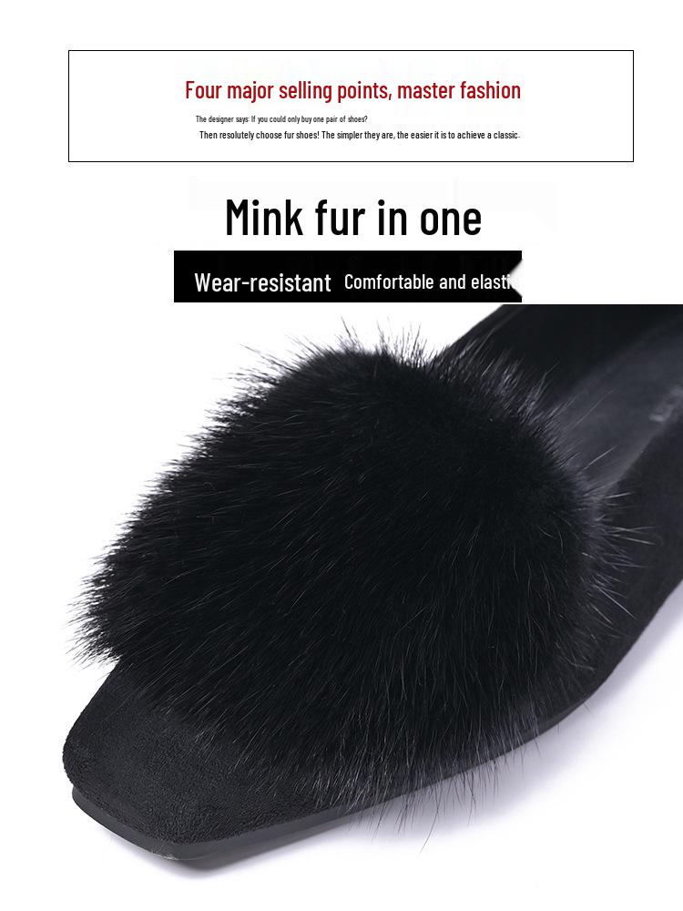 Mokasyny Damskie ze Skóry Naturalnej w Stylu Europejskim - Zimowe, Podszyte Futrem Minkowym, na Grubej Podeszwie, na Niskim Obcasie, Wygodne Buty