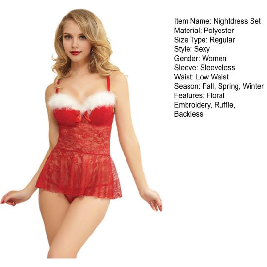 2 Pcs/Set Women Nightdress Panties Set See-through Lace Floral Embroidery Ruffle Patchwork A-line Sleeveless Backless Bedroom
