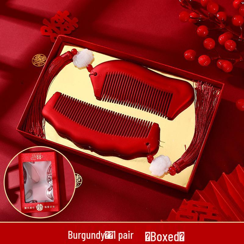 Bordowy Drewniany Zestaw Grzebieni Ślubnych z Lusterkiem - Pudełko na Prezent Weselny Panny Młodej