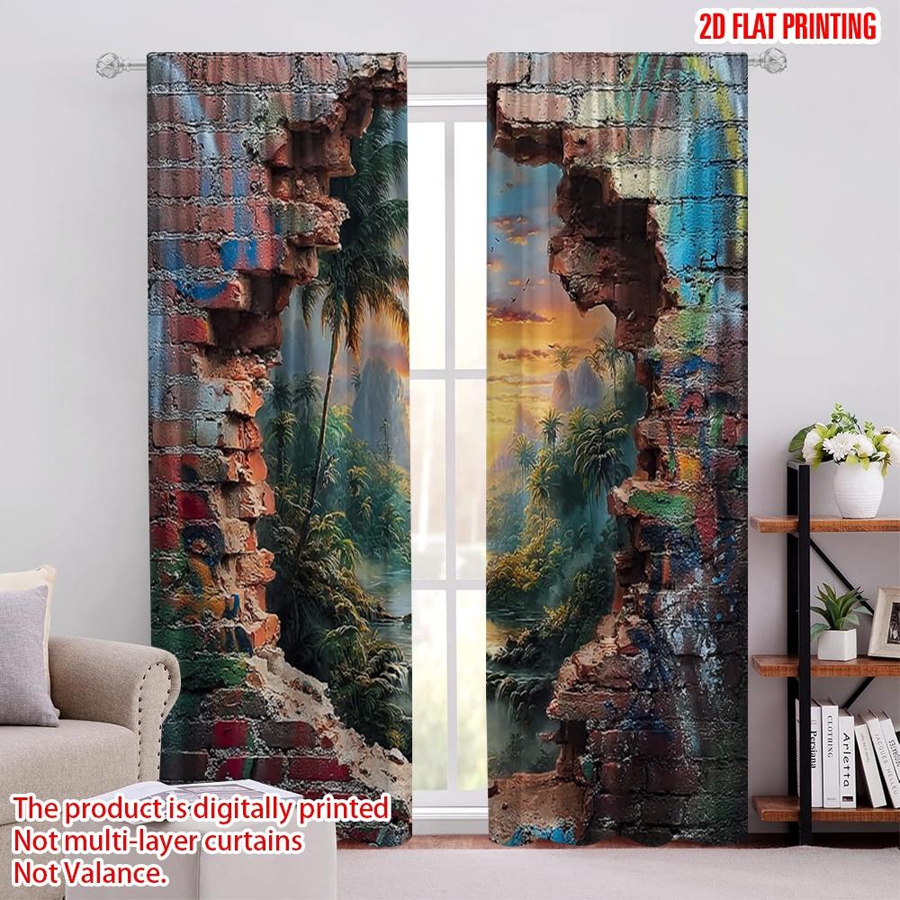 

Set Of 2 Flat Printing Party Curtain Tropical Sunset Through Broken Brick Wall Digital Printed Polyester Drapes Family Made W100*H70(CM)-Rod Pocket&2PCS