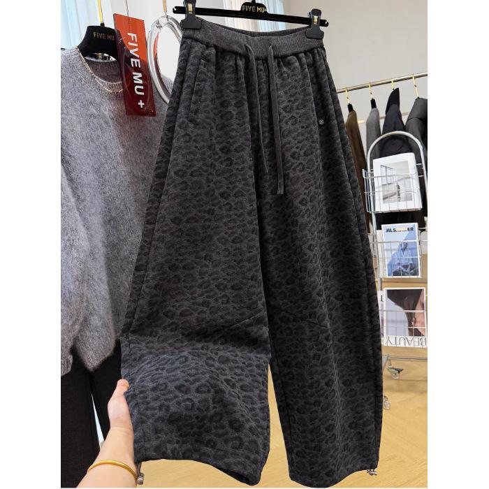 

Women s High-Waisted Gray Leopard Wide-Leg Pants - Winter Plus Velvet, Casual, Drawstring, 2-Way Wear. 2XL (165-185 lbs)