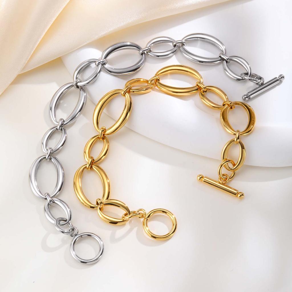 Chunky Stainless Steel Oval Chain Bracelet for Women Girl, 18K Gold Plated OT Buckle Bracelet, Waterproof Jewelry Gift