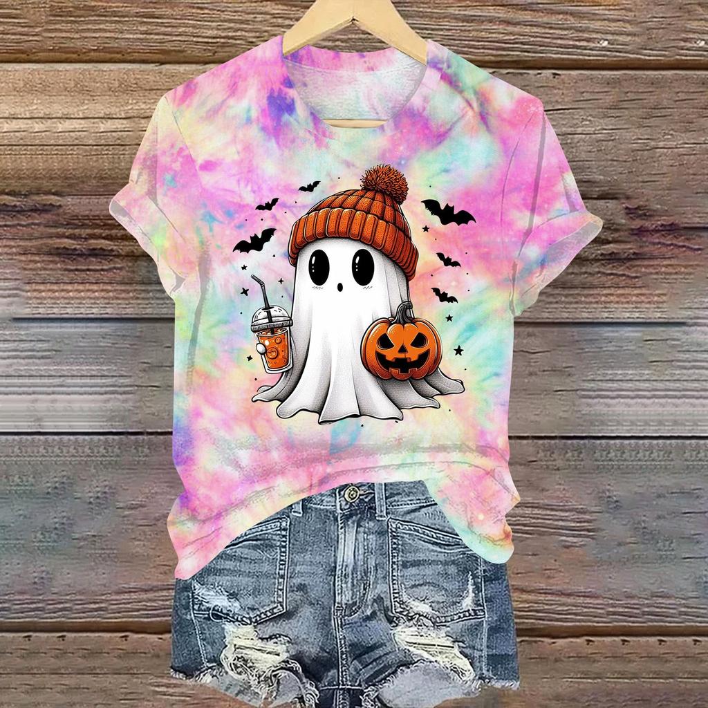 Ladies' Casual Halloween Printed Round Neck Short Sleeved T-Shirt