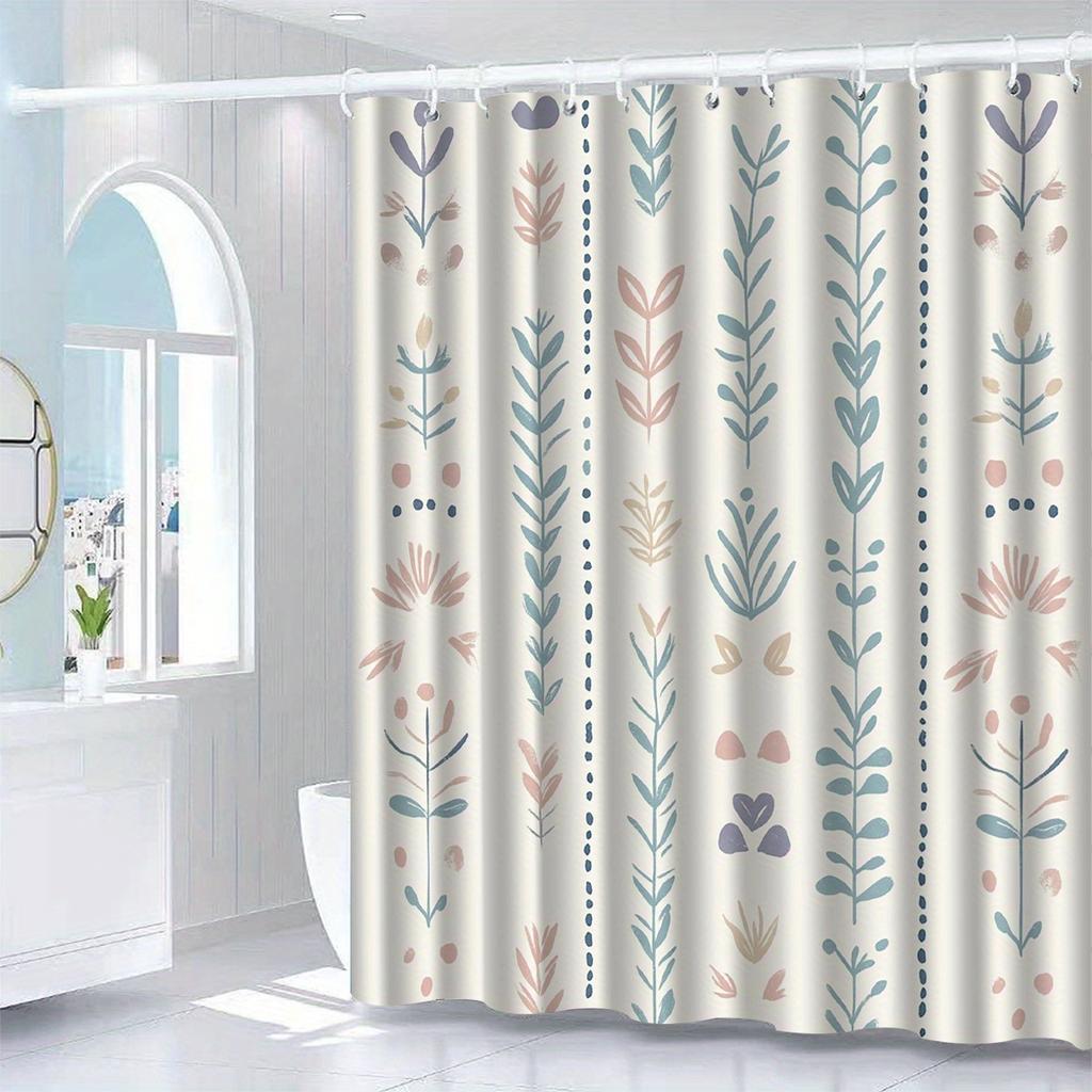 1Pc Floral Pattern Shower Curtain With Hook, Bathroom Partition, Bathroom Accessories, Home Decoration