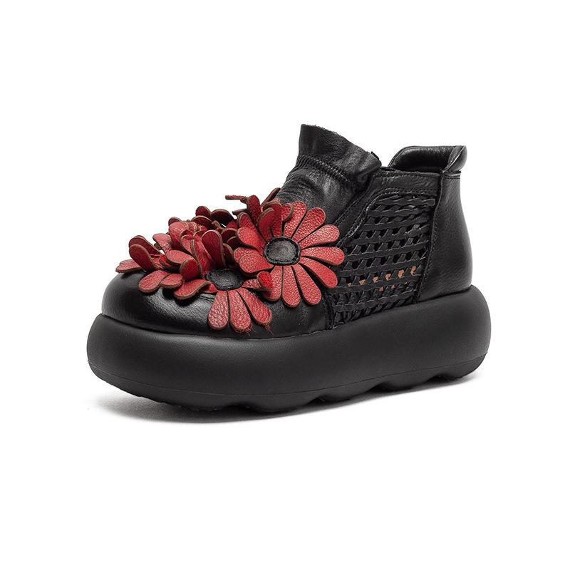 2026 Nuovi Stivaletti Floreali Traforati da Donna Sandali in Vera Pelle di Mucca con Zip Laterale Scarpe Piattaforma Stile Romano Vintage