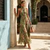 Yangyizhi Floral Chiffon Dress for Women, Halter Sleeveless Ruched Maxi Dress, Turtle Neck Wedding Guest Cocktail Evening