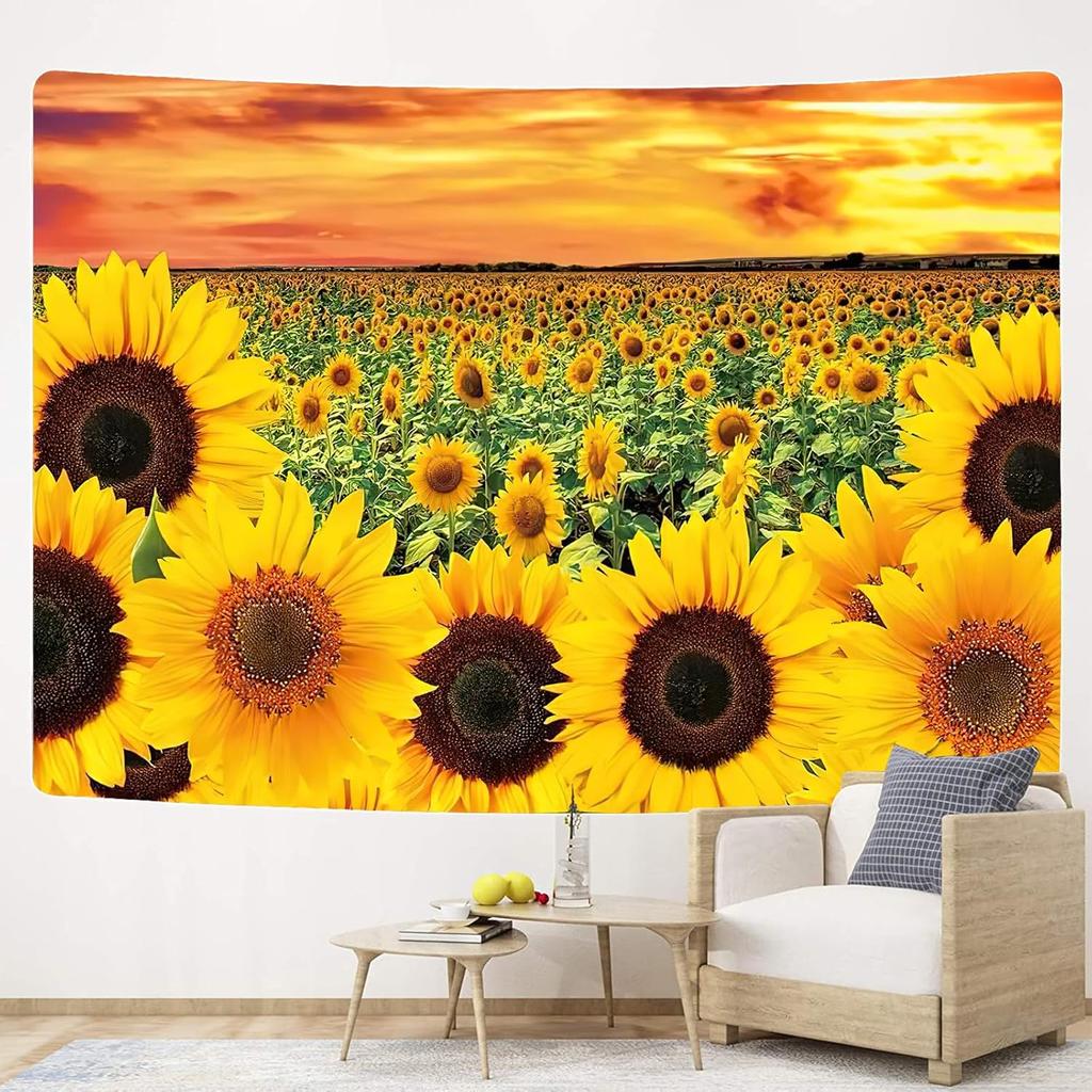Sunflower Tapestry Wall Hanging Sunset Sunflowers Field Wall Art Golden Yellow Sunflowers Tapestries Warm Yellow Floral Plant