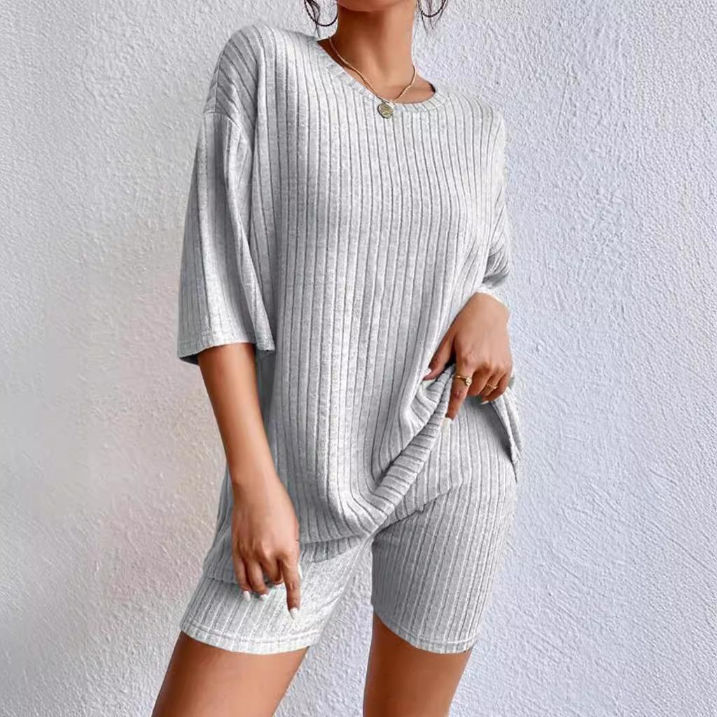 Fashionable Knitted Loose Casual Round Neck Summer Short Pants Top Set Women's Clothing Comfortable Breathable Solid Color