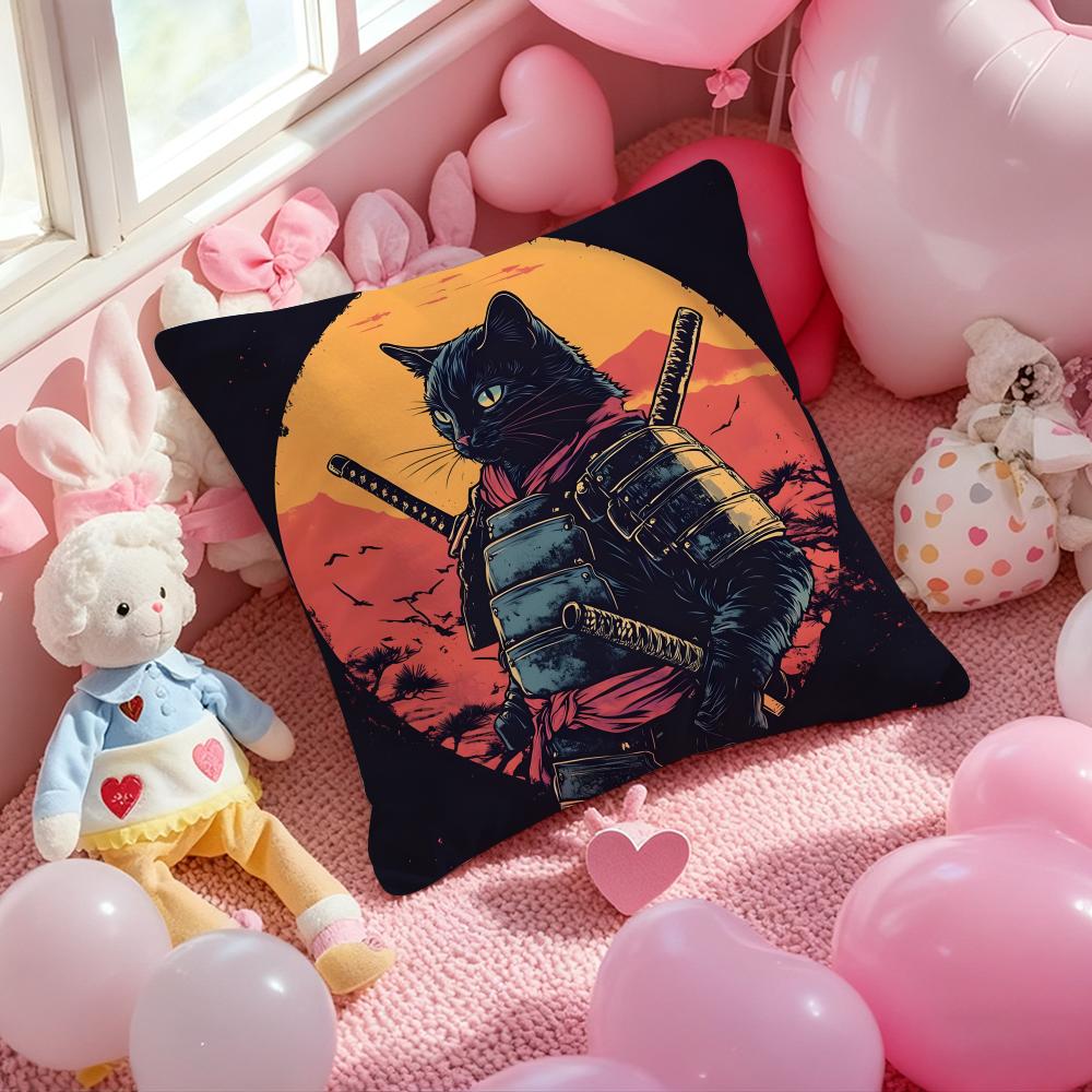 Japanese Style Samurai Cat Cushion Cover Pattern Printed Pillowcase for Living Room Sofa Cushion Cover & Bedroom Decor