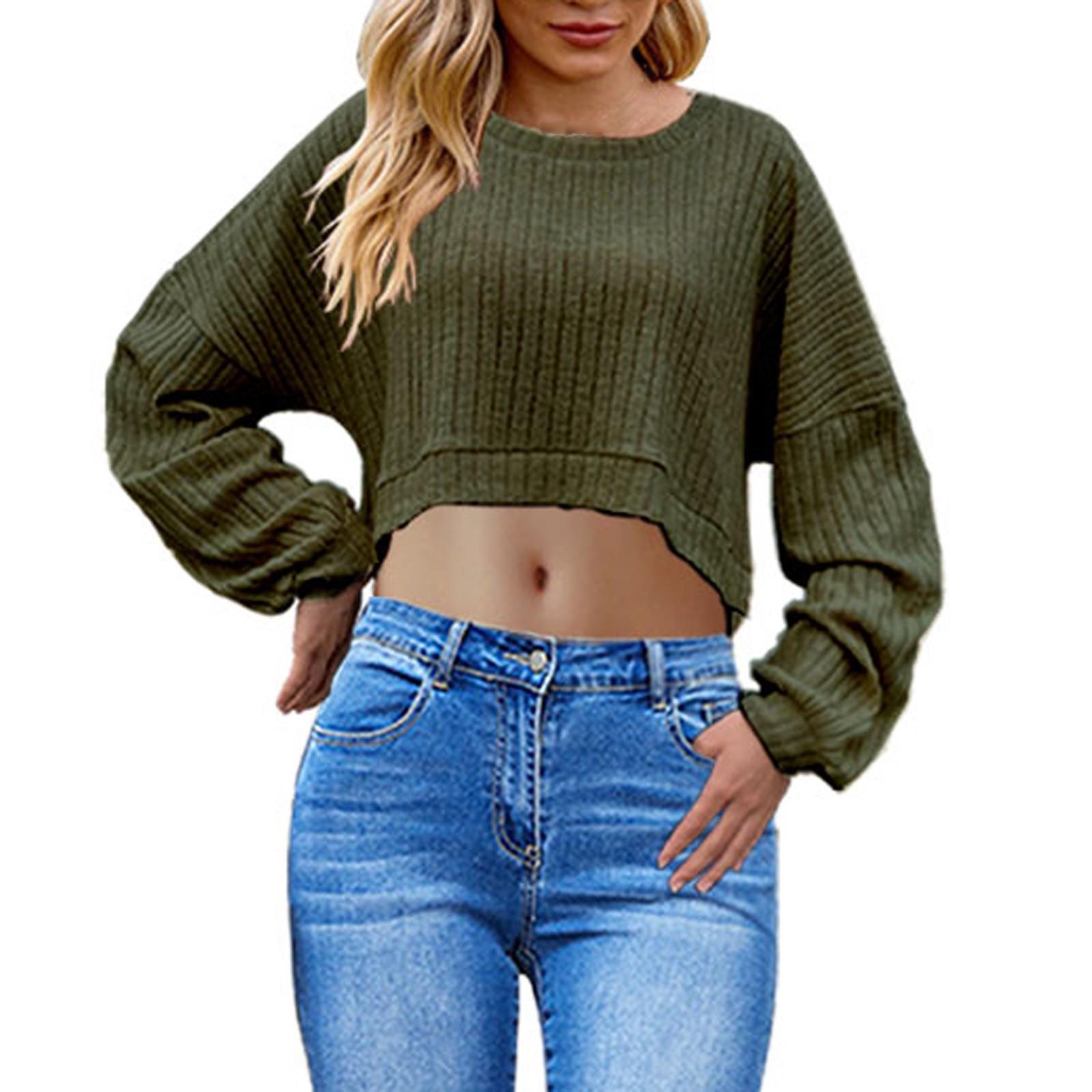 Женская мода повседневная шерстяная полосатая трикотажная укороченная футболка с длинным рукавом L армия зеленый