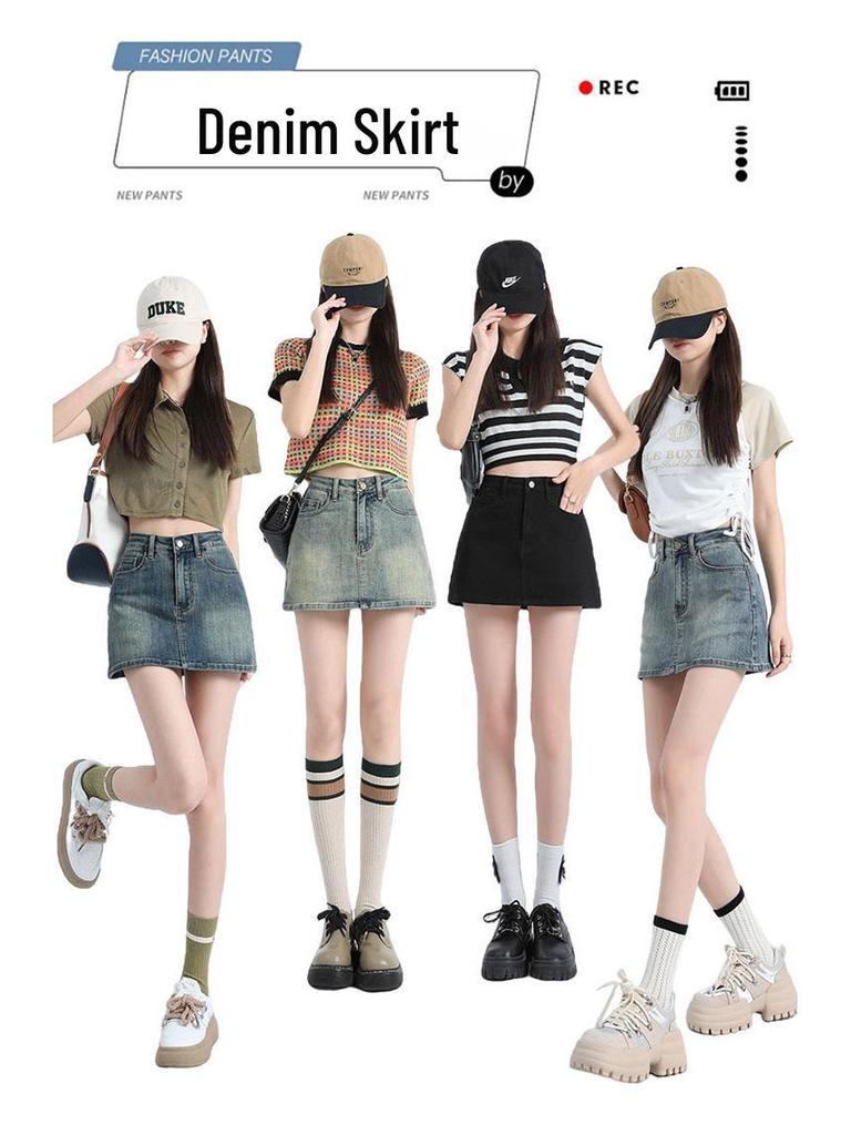 Women's High-Waist Stretch Retro Denim A-line Mini Skirt - Anti-Exposure, Hip-Hugging, Perfect for Spring/Summer Fashion