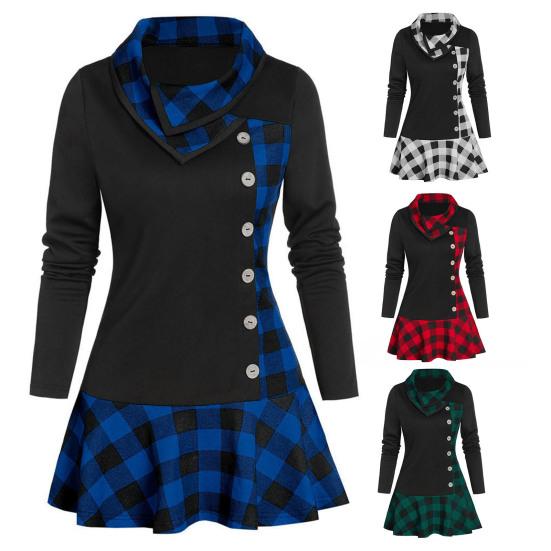 Langärmeliges Partykleid mit Rüschensaum Herbst Winter Überlappendes Revers Karo Patchwork Minikleid Damenbekleidung