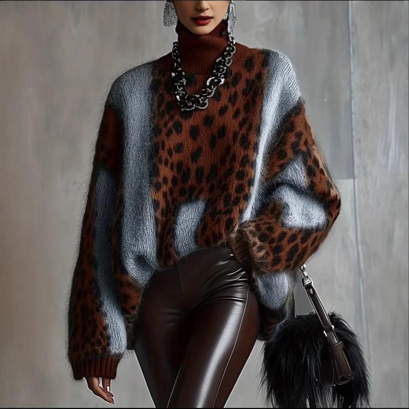 Womens Oversized Leopard Print Knit Sweater Loose Fit High Neck Winter Warm Acrylic Pullover