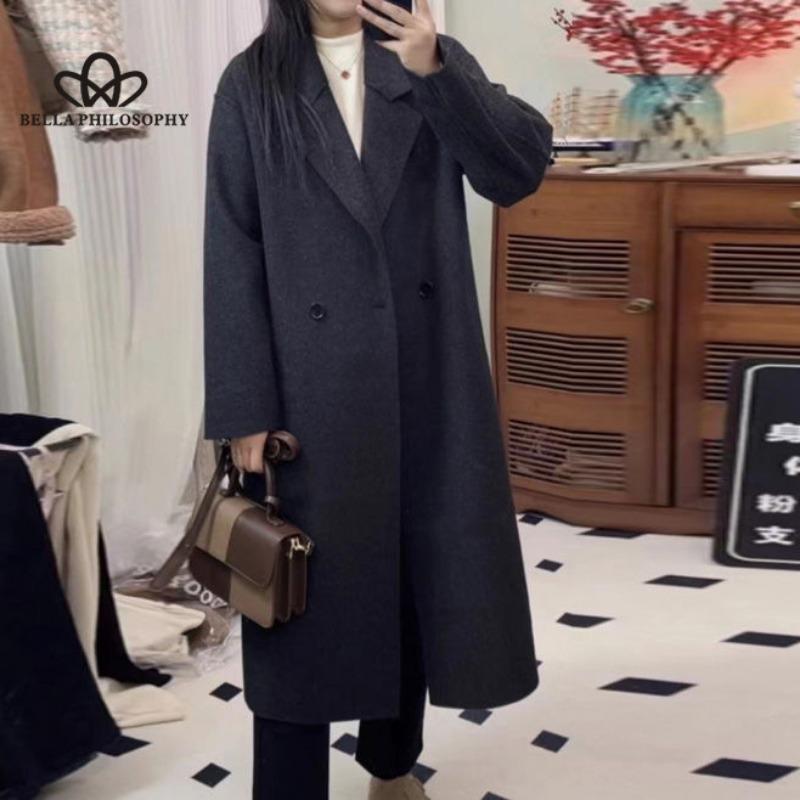 

Двустороннее кашемировое пальто женское осенне-зимнее новое свободное шерстяное твидовое пальто средней длины пальто высокого качества XL чёрный