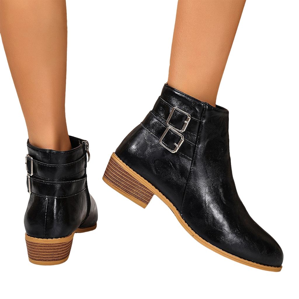 Women's Round Toe Block Heel Boots with Belt Side Zipper for Fall Winter