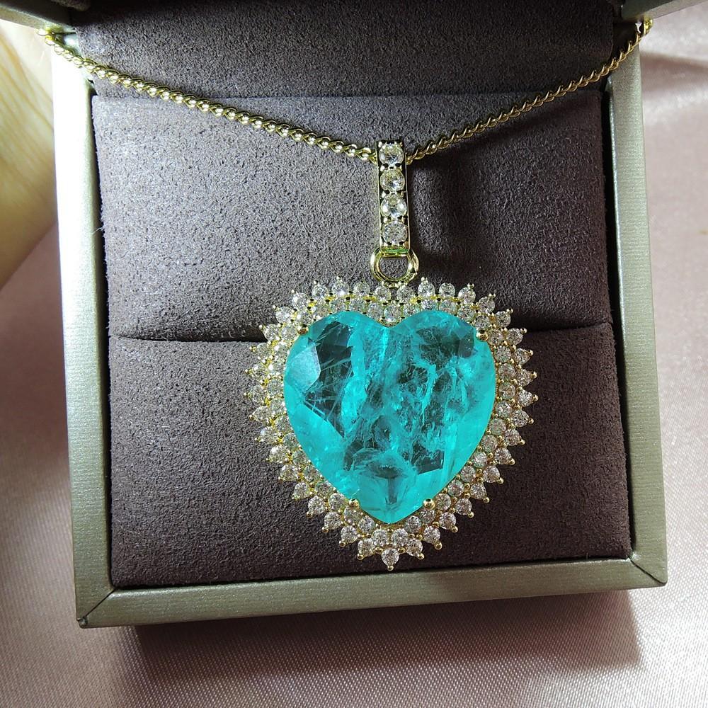 Jewelry Color Treasure Women'S Necklace Imitation Paraiba Heart 20 * 20 Large Pendant Fashion Temperament Necklace