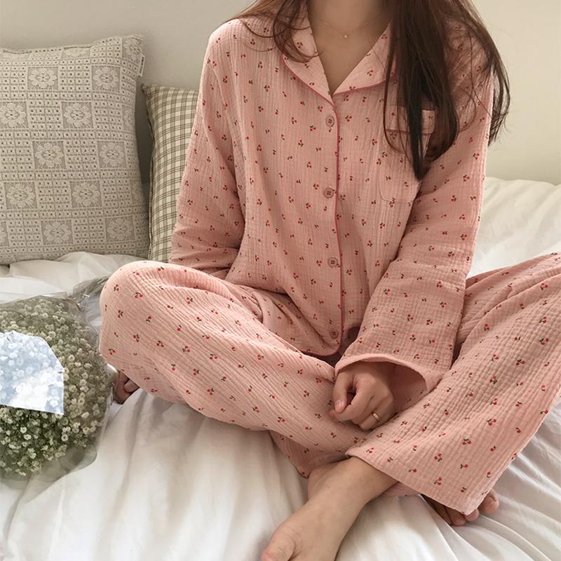 Cotton Linen Sleepwear Set Sweet Cute Cherry Print Pajamas Vintage Kawaii Notched Pocket Home Suit Shirt+Trousers Button