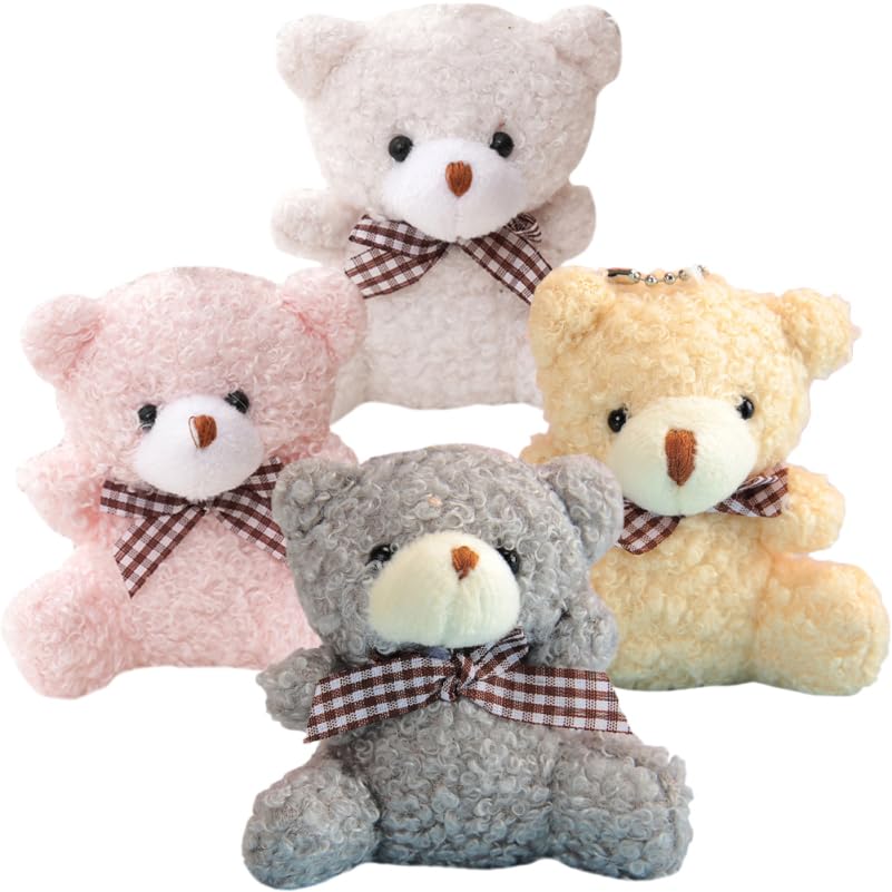 STOBOK Plush Bear Keychains, 4-Piece Set, Ball Chain, Cute, Fluffy Key Chain, Gift, Bag Charm, Car Key