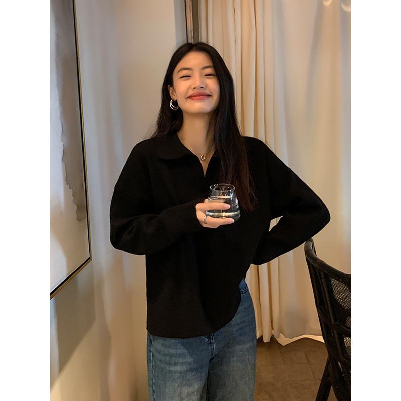 Light grade soft waxy inner lapel olo shirt knitted sweater women's autumn lazy and thin high-end bottoming top