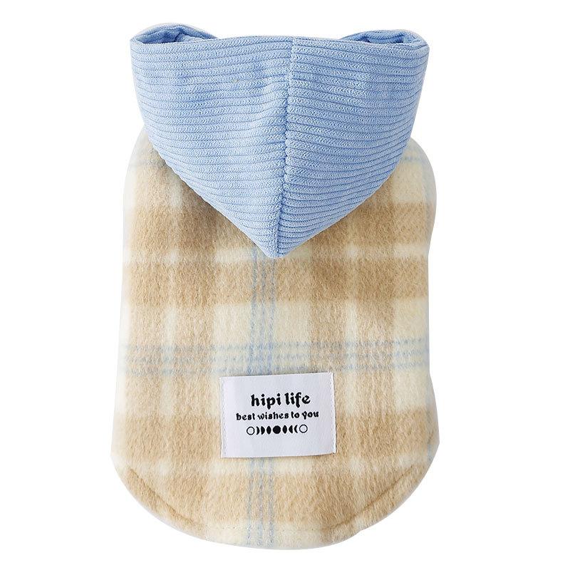 Dog Thickened and Plush Chessboard Plaid Hood Traction Vest Cotton Coat Cat Winter Pet Clothing Dog Costume Autumn and Winter