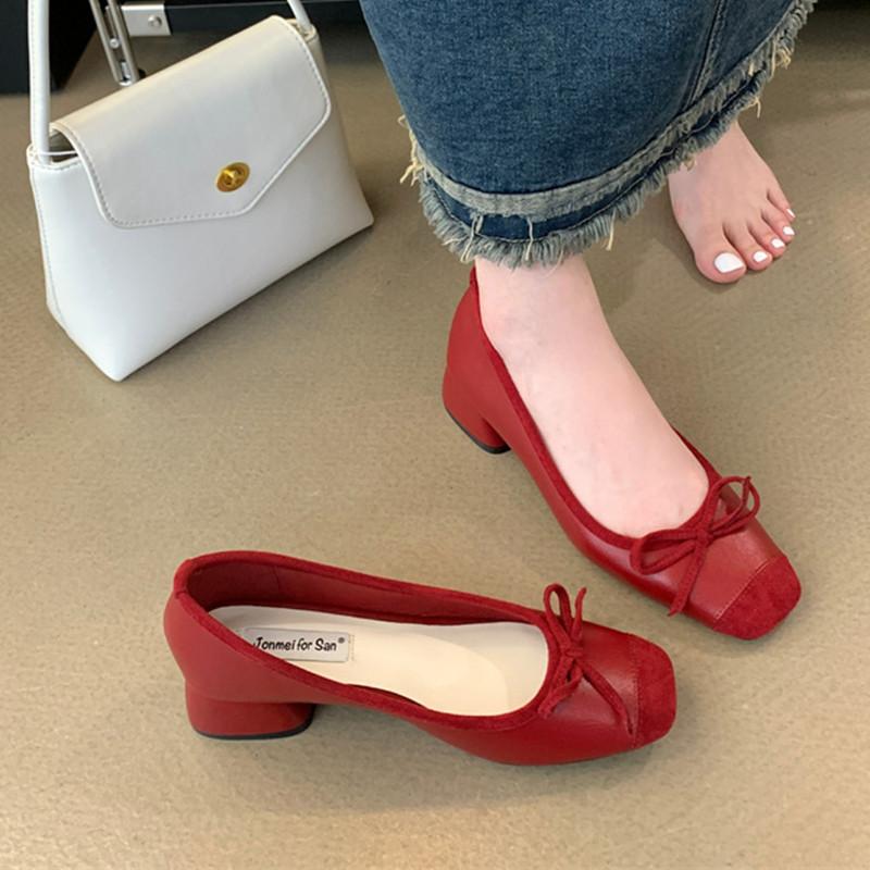 Fashion Bailamos Women Flats Fashion Soft Leather Slip On Ballet Shoes Square Toe Bow Low Heels Dress Shoes Shallow Mouth Casual Shoes M