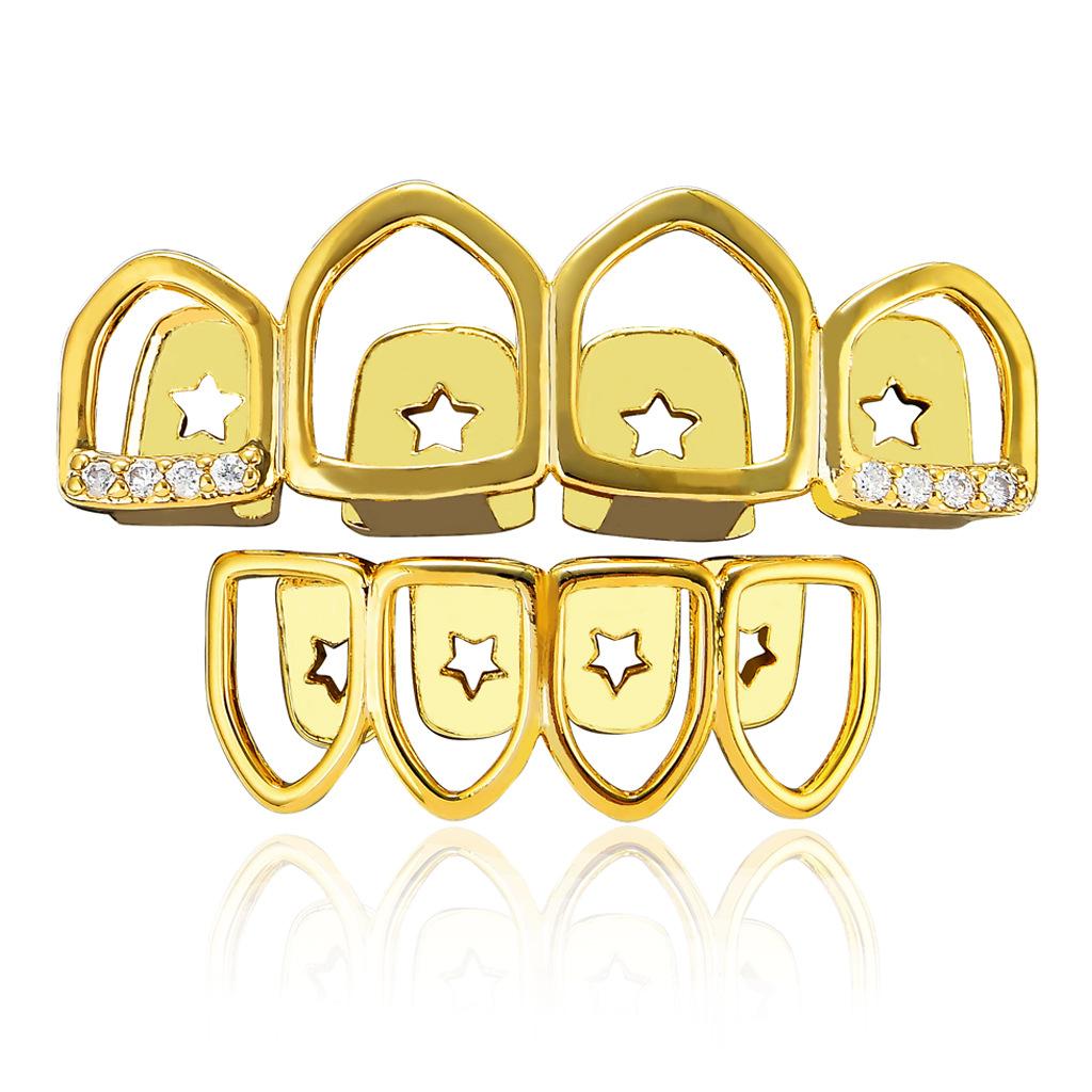 Hip Hop Jewelry Grillz in Body Jewelry Four Teeth Top and Lower 14K Gold Micro Paved CZ Grillz Diamond Teeth for Men Halloween