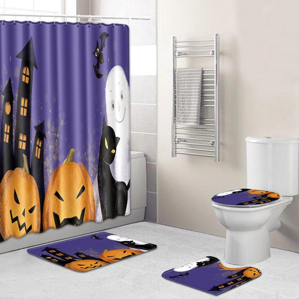 Halloween Duschvorhang Bodenmatte Kombination Vierteilige Haushalts-Fußmatte Schlafzimmer Rutschfester Teppich