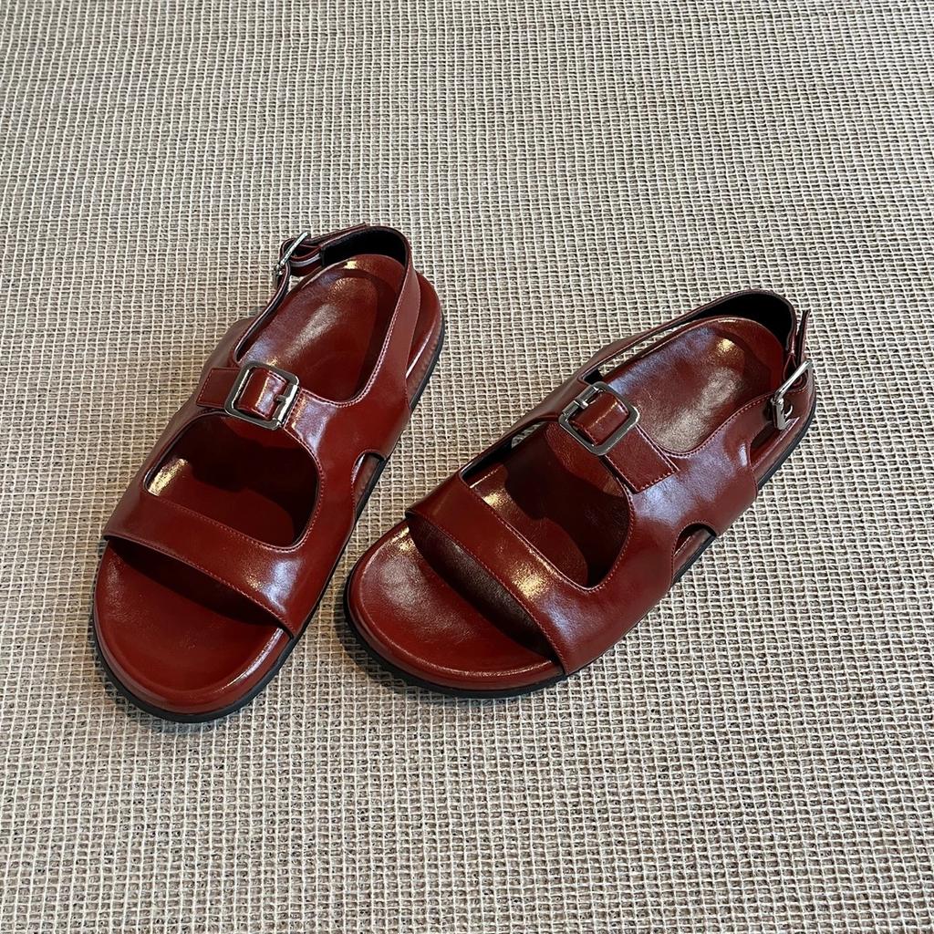 Cowhide version~ Vintage niche belt buckle open-toed platform sandals women's 2025 summer beach flat-bottomed cool slippers