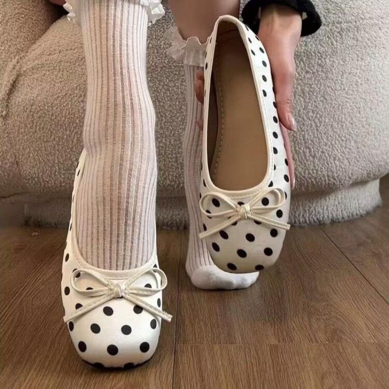 Polka Dot Bow Flat-soled Single Shoes Soft-soled Comfortable Office Workers Commuter Casual Shoes Square Head Spring and Summer Women's Shoes