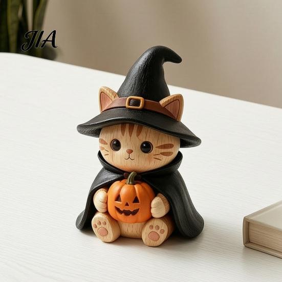Trendy Desk Accessories Vintage Witch Cat Halloween Decoration, Small Wooden Unique Gift for Her Figurine Farmhouse Mantel, Bookshelf Table,