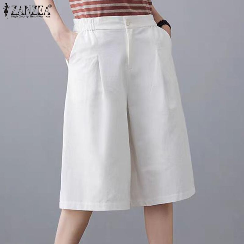 

ZANZEA Women Summer Elastic Waist Solid Color Loose Casual Fifth Pants S