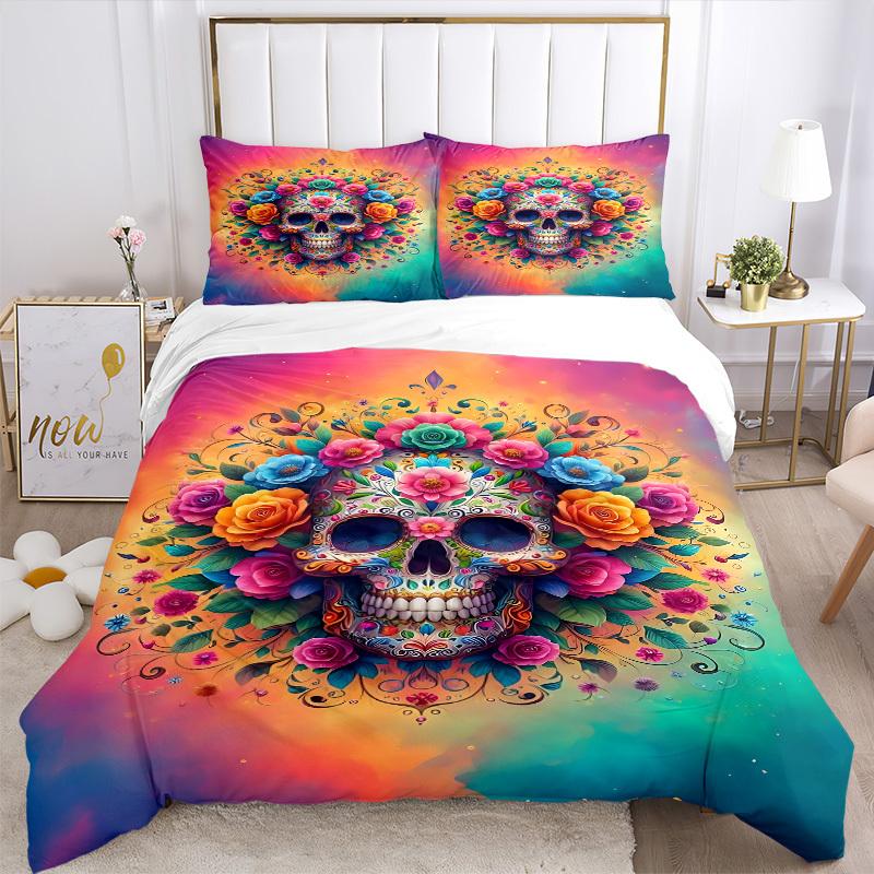 3PCs Sugar Skull Artwork Design Cover Set, Breathable Fabric, Machine Washable (1 Duvet Cover + 2 Pillowcases) (Without Quilt) Yy250911079