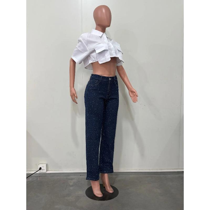 Shiny Rhinestone Jeans Pants Sexy Women High Waist Elegant Night Club Diamonds Denim Straight Trousers