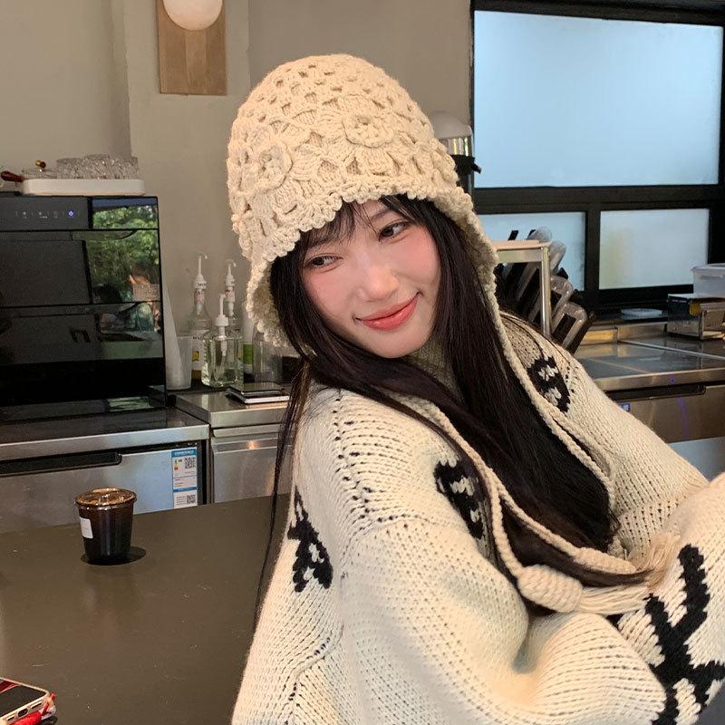 Autumn and Winter Crochet Hat Women's Double-layer Knitted Hat Fringed Pullover Hat Travel Versatile Wool Hat