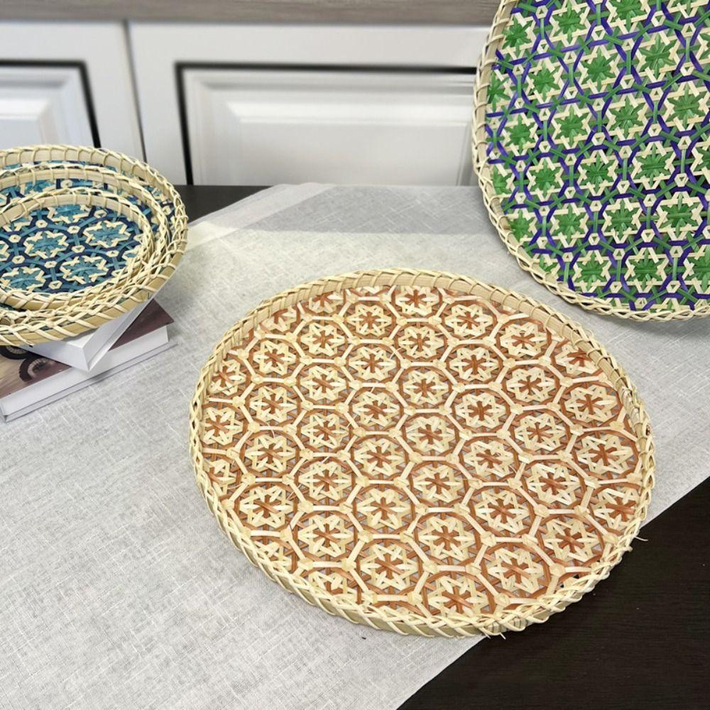 Colorful Handmade Bamboo Round Tray Bohemian Style Bread Baskets Cup Mat Food Tray Bathroom