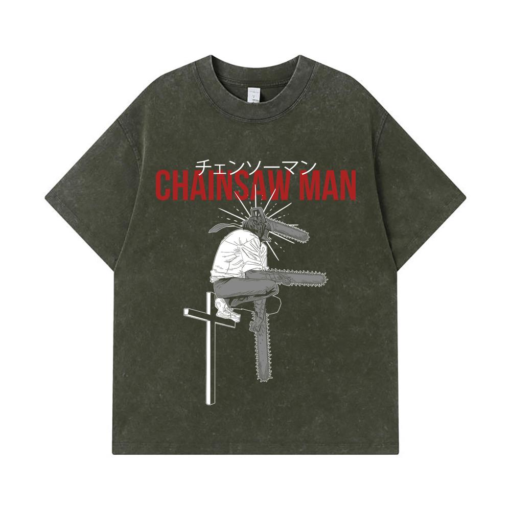 275 GSM Washed T-shirts 100% Cotton Chainsaw Man V41 Denji Print Unisex Heavy Cotton T Shirt