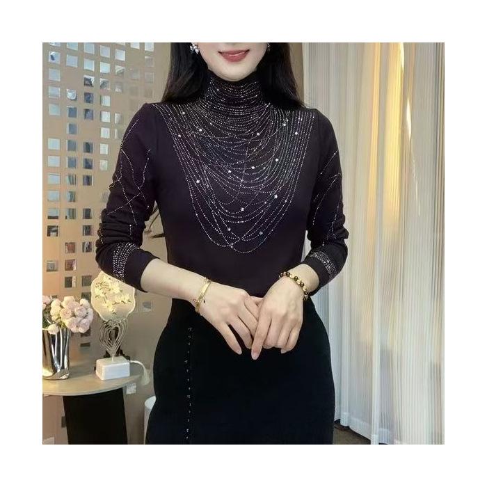 Podzimní/Zimní Módní Zeštíhlující Dámský Top s Polovysokým Límcem a Dlouhým Rukávem