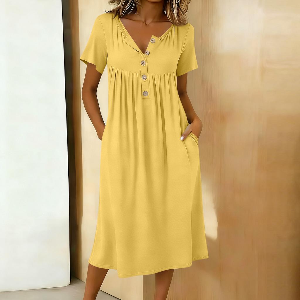 Women's Fashionable Color Round Neck Short Sleeved Button Neck Mid Length Casual Dress