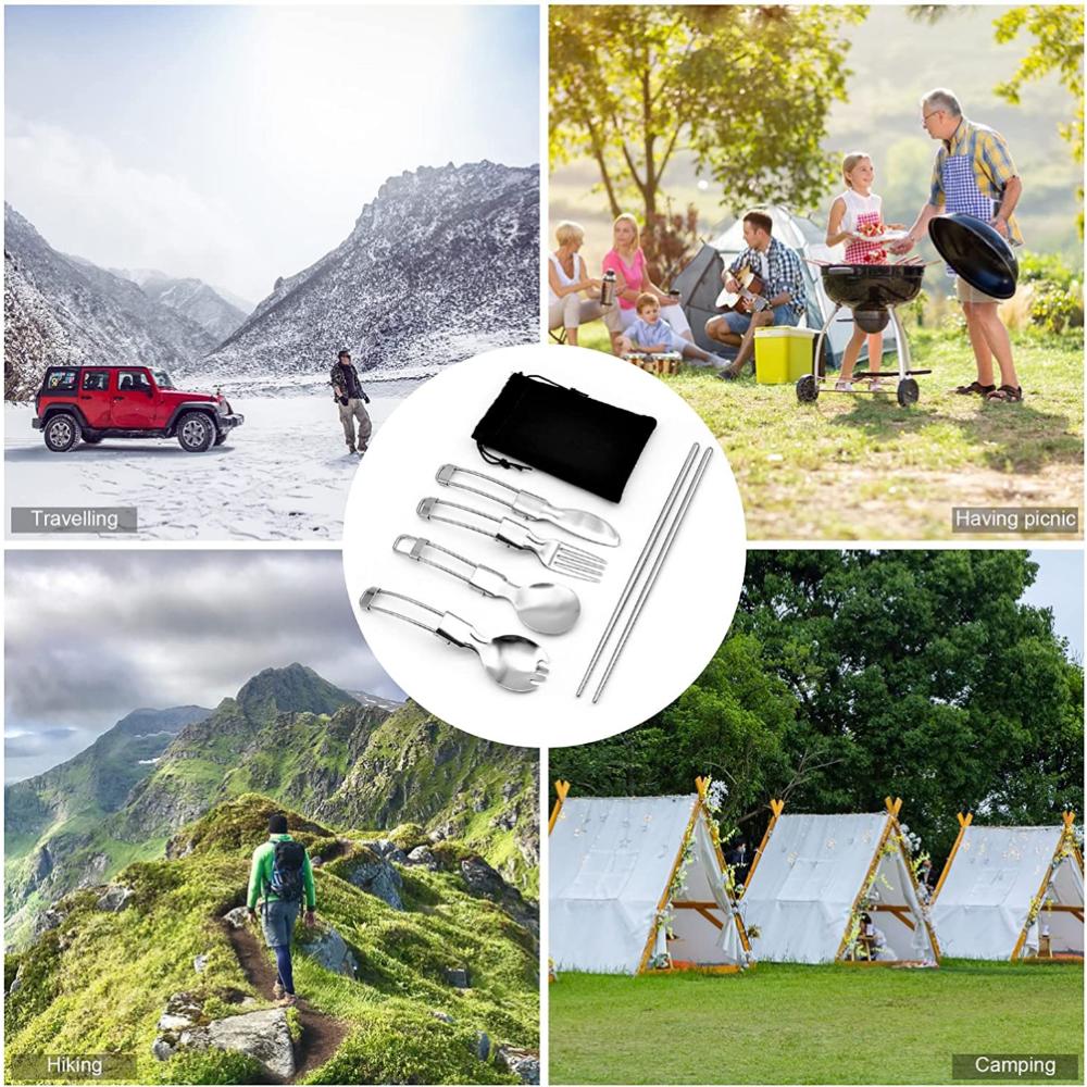 5 bucăți ustensile de călătorie din oțel inoxidabil, set de tacâmuri portabile pliabile de camping, inclusiv cuțit furculiță lingură betisoare pentru picnic, drumeții, școală