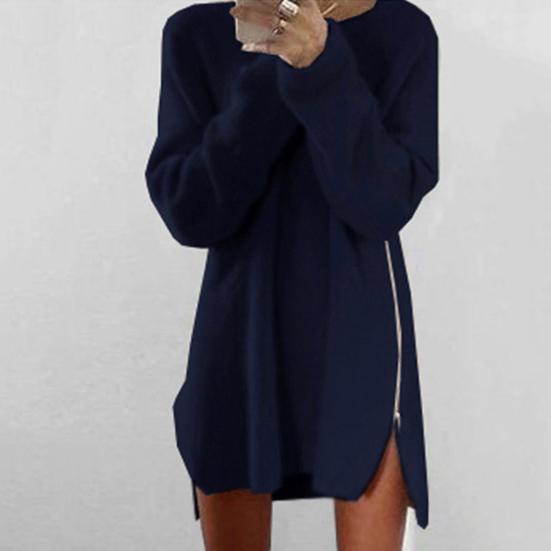 Women Dress Solid Color Sideway Zip Sexy Long Sleeve O Neck Mini Sweater Dress for Spring