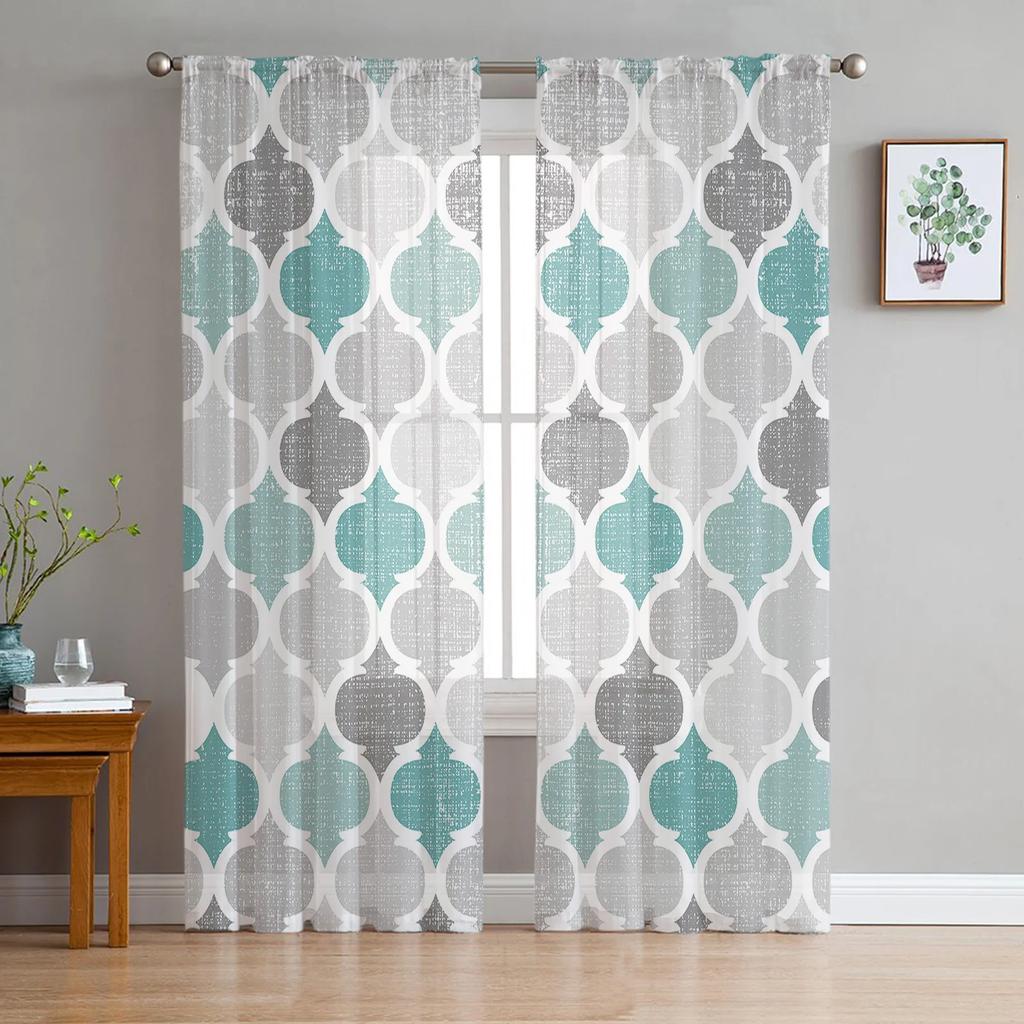 Golden Yellow Blue Geometric Moroccan Retro Transparent Curtains Perfect for Living Room Decoration Window Panel Curtain Kitchen Tulle Sheer Fabric