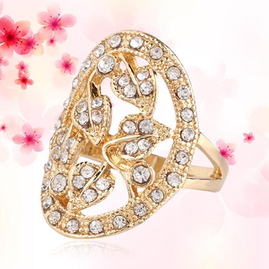Women Luxury Golden Color Leaves Hollow Rhinestone Wedding Banquet Ring Jewelry
