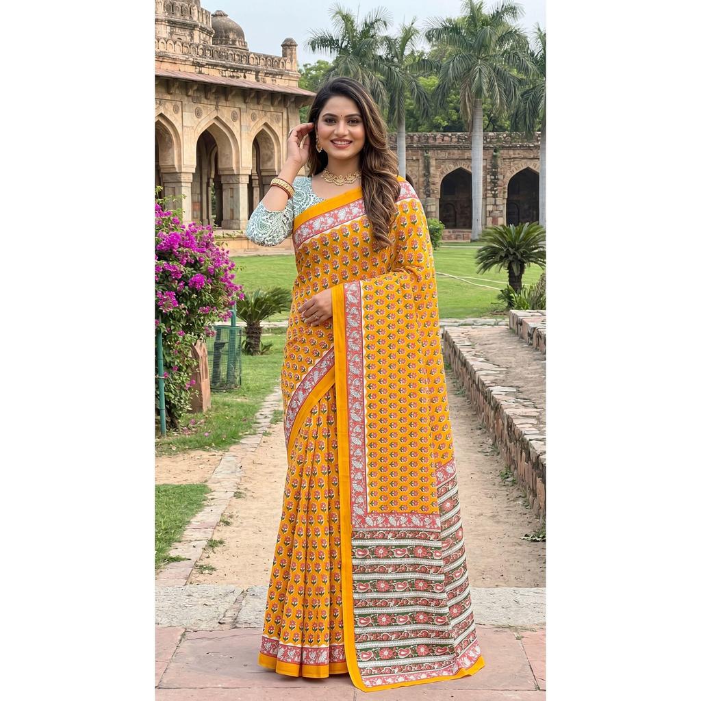 Premium Bagru Printed Mulmul Cotton Saree